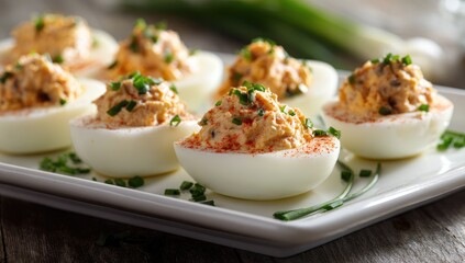 Deviled eggs on a platter, garnished with chives