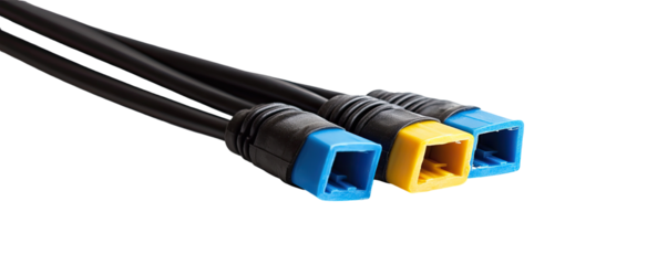Close-up of multiple black cables with blue and yellow square connectors