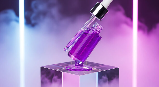 A purple bottle of eye serum with a dropper rests on a crystal cube with pink and blue neon lights and fog