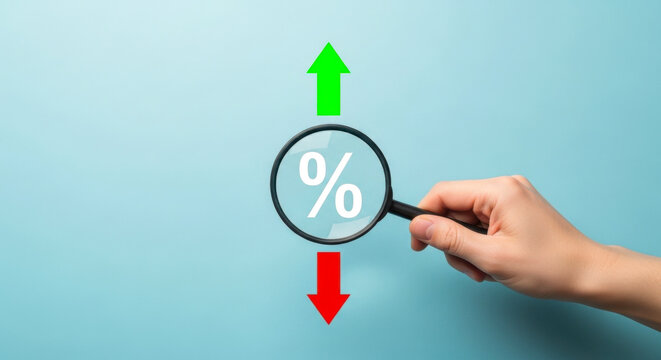 Analyzing percentage increase and decrease with magnifying glass finance investment business market economy rates