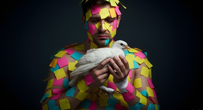 Conceptual portrait of a man covered in colorful adhesive notes holding a gentle white dove, symbolizing finding peace amid chaos.