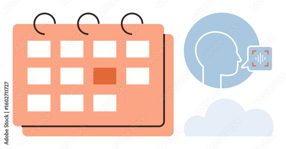 Poster calendar with highlighted date, speech analysis, and cloud element emphasizing efficient planning. i