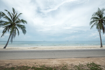 Side view of asphalt road with beach on sea and coconut tree.