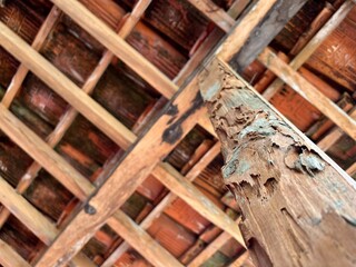 Close-up of an old wooden roof structure with peeling paint and weathered textures, showing rustic beams and terracotta tiles in natural light.