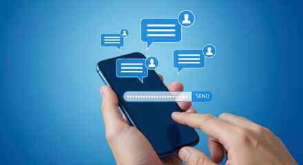 Mobile messaging app concept with smartphone and speech bubbles for communication and social media marketing