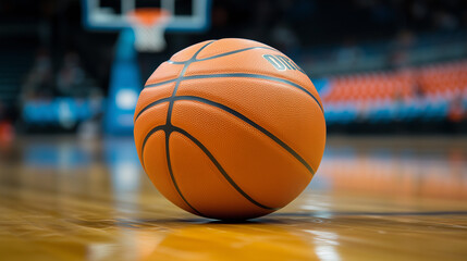 Basketball ball on the court on a blurred background.