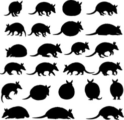 A collection of armadillo silhouettes in various poses, including walking, standing, and curled up, presented in a grid arrangement.