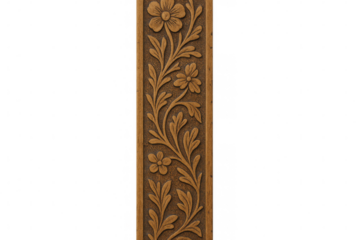 Intricate wood carving panel showcasing a floral design, isolated on a transparent background, perfect for design projects