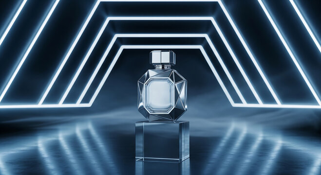 A faceted glass perfume bottle sits on a clear glass pedestal in a futuristic tunnel of blue neon lights