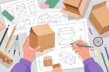 Designer sketching drawing design Brown craft cardboard paper product eco packaging mockup. Packaging design sketching product box dielines with cardboard model,  and layout ideas in studio workspace.