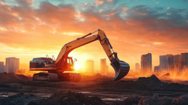 xcavator Operating at Construction Site During Sunset