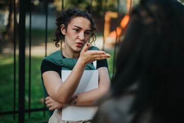 A young woman passionately explaining her point during a conversation in a park. The setting...
