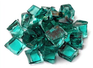 Teal-colored glass shards in a pile.