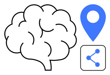Brain outline with blue map pin and sharing icon highlights connectivity, technology, innovation, location, and communication. Ideal for neuroscience, technology platforms, network ideas, and simple