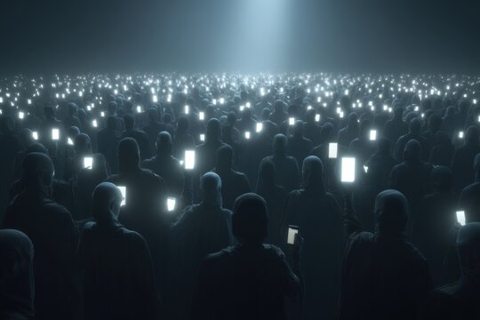Crowd of faceless people holding mobile phones glowing in dark room, symbolising digital control, AI surveillance, media crisis.