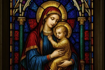 Obraz premium Gothic stained glass window depicting Madonna and child in brilliant colored light