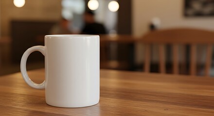 Fototapeta premium A plain white mug sits on a wooden table in a cafe with blurred background