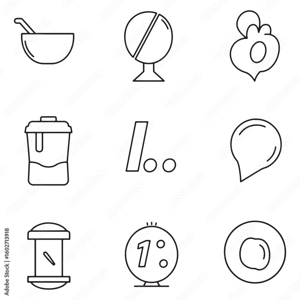 Poster simple outlined icons depicting various food preparation related objects and concepts