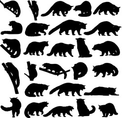 A collection of raccoon silhouettes in various poses, including standing, sitting, walking, climbing, and lying down, against a white background.