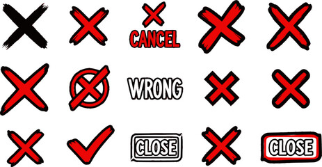 Red cross mark in various style. Hand brush X marks, cancel, wrong, and close icon element vector illustration. Marker grunge sketch style cross symbols and reject checkboxes collection. EPS 10