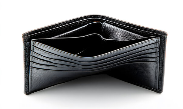 Empty black leather wallet on white background