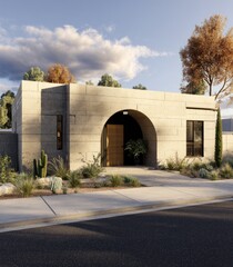 A modern, light beige, low-slung home with an arched entryway, situated on a paved street, with desert landscaping