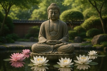Serene Buddha statue surrounded by blooming lotus flowers in tranquil zen garden