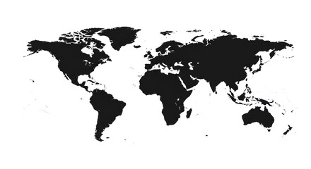 Detailed black silhouette world map showing all continents and precise country outlines, against a transparent background from a top-down view. Concept of global geography education