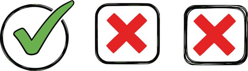 Obraz premium Green check mark and red cross icon set, circle and square. Tick symbol in green color. Hand drawn checkmark. Vector illustration 