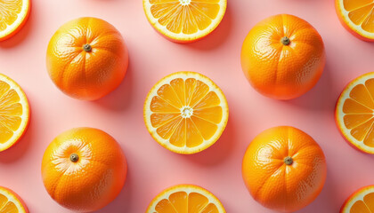 Citrus Fruit Arrangement, Oranges, Pink Background, Seamless Pattern, Food Photography, Top View, Vibrant Freshness