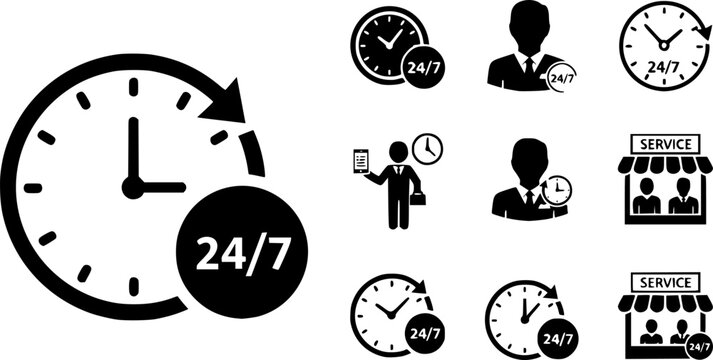 24 7 service icon set. 24-7 open, concept with call icon. Support 24 hours a day and 7 days a week. Support service. Vector Illustration. EPS 10

