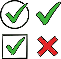 Green check mark and red cross icon set, circle and square. Tick symbol in green color. Hand drawn checkmark. Vector illustration
