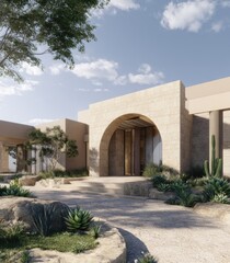 Beige stucco home entrance with archway, desert landscaping and trees
