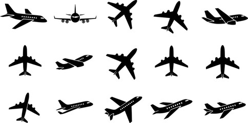 Airplane icon. Black airplane icon collection. Set of black plane silhouette icon. Vector Illustration. Vector Graphic. EPS 10