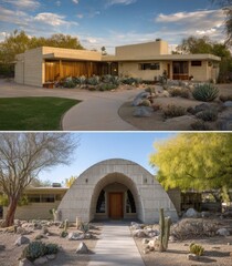 Two Mid-Century Modern homes, desert landscaping