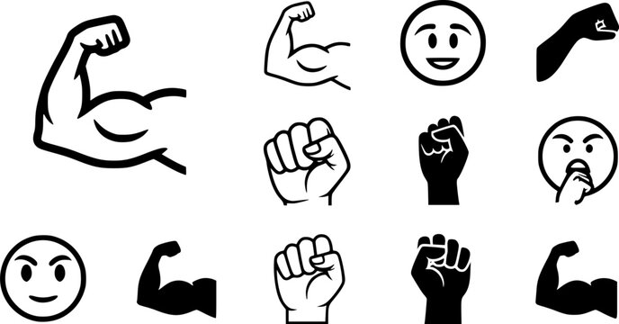 Muscle icon set. Flexed bicep arm icon. Hand emoji. Feats of strength sign. Biceps musclar arm icon. Flexing arm muscles. strong icons. Vector Illustration. Vector Graphic. EPS 10
