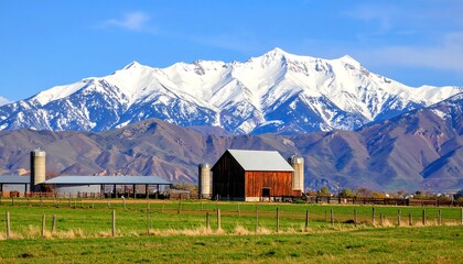 Obraz premium Snowy mountain range with a rustic barn in the foreground