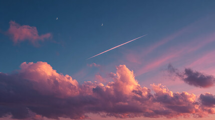 Pink clouds fill dusk sky as vapor trail cuts across, with twin moons. Serene, peaceful, for backgrounds, web design, marketing.