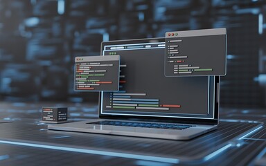 Digital coding on a laptop screen with multiple open windows displaying code in a modern technology environment