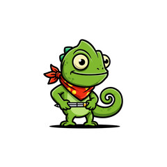 Fototapeta premium A charming cartoon chameleon artist, proudly holding a pencil, wears a red bandana.