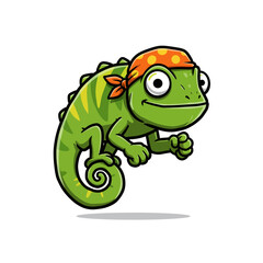 Obraz premium A cheerful cartoon chameleon, wearing a bandana, leaps playfully.
