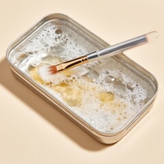 Metal tin tray filled with soapy water, cleaning a makeup brush
