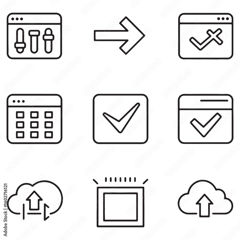 Aufkleber Vector icons set displaying settings control check marks arrows cloud uploading and calendar for web design
