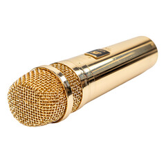 Shiny golden microphone with a textured mesh grille isolated on transparent background