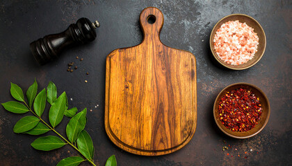 Top-down food flat lay with wooden cutting board, curry leaves, salt, and chili flakes
