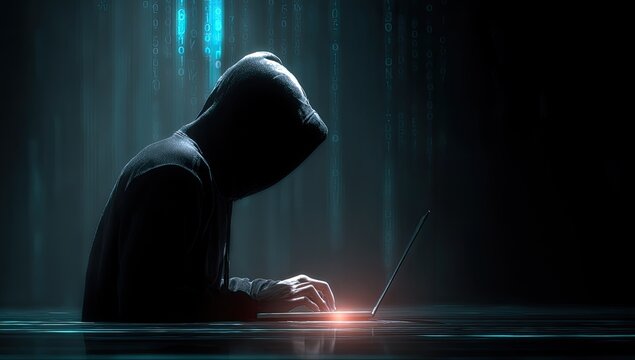 Silhouette of a hooded figure working on a laptop, bathed in a dark, digital glow