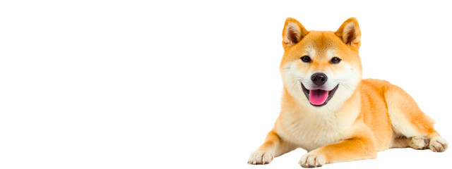 relaxed shiba inu akita dog is laying with smiling-like face expression: open mouth wih visible tonque; cute doggy as perfect dog related marketing advertising asset isolated over white (transparent)