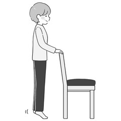 イスを使用し、かかと下ろし・かかと上げの運動をするシニア女性のモノクロイラスト