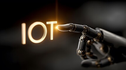 Naklejka premium Close-Up of Advanced Technology: Robotic Digit Pressing Bright IoT Icon