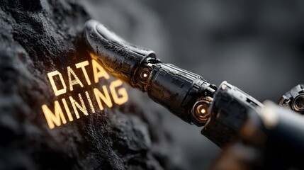 AI-generated close-up of a robotic finger delicately touching a glowing "DATA MINING" symbol on a futuristic digital interface